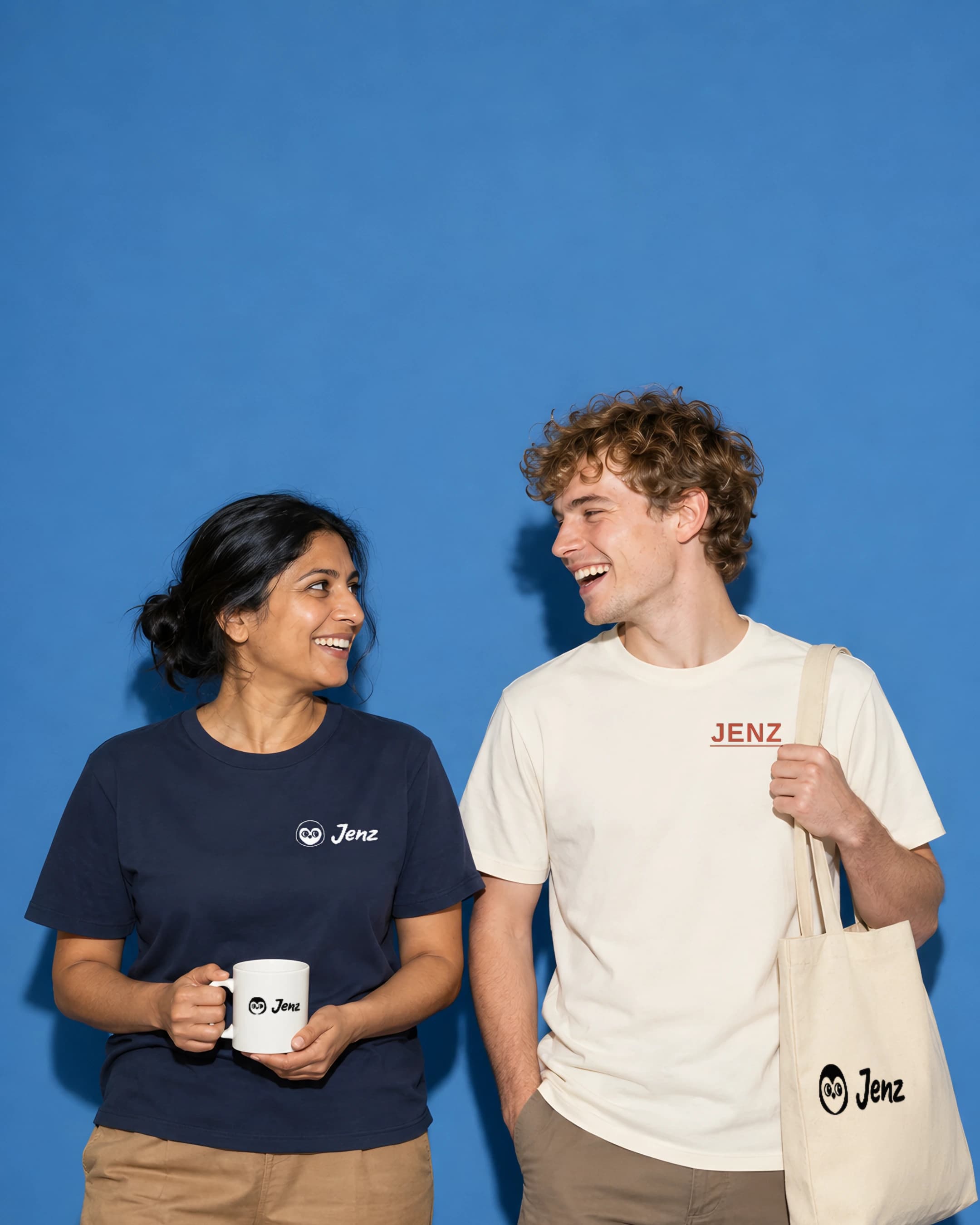 Two people against a blue wall, one in a Jenz tee holding a Jenz mug, one in a cream JENZ tee with a Jenz tote bag