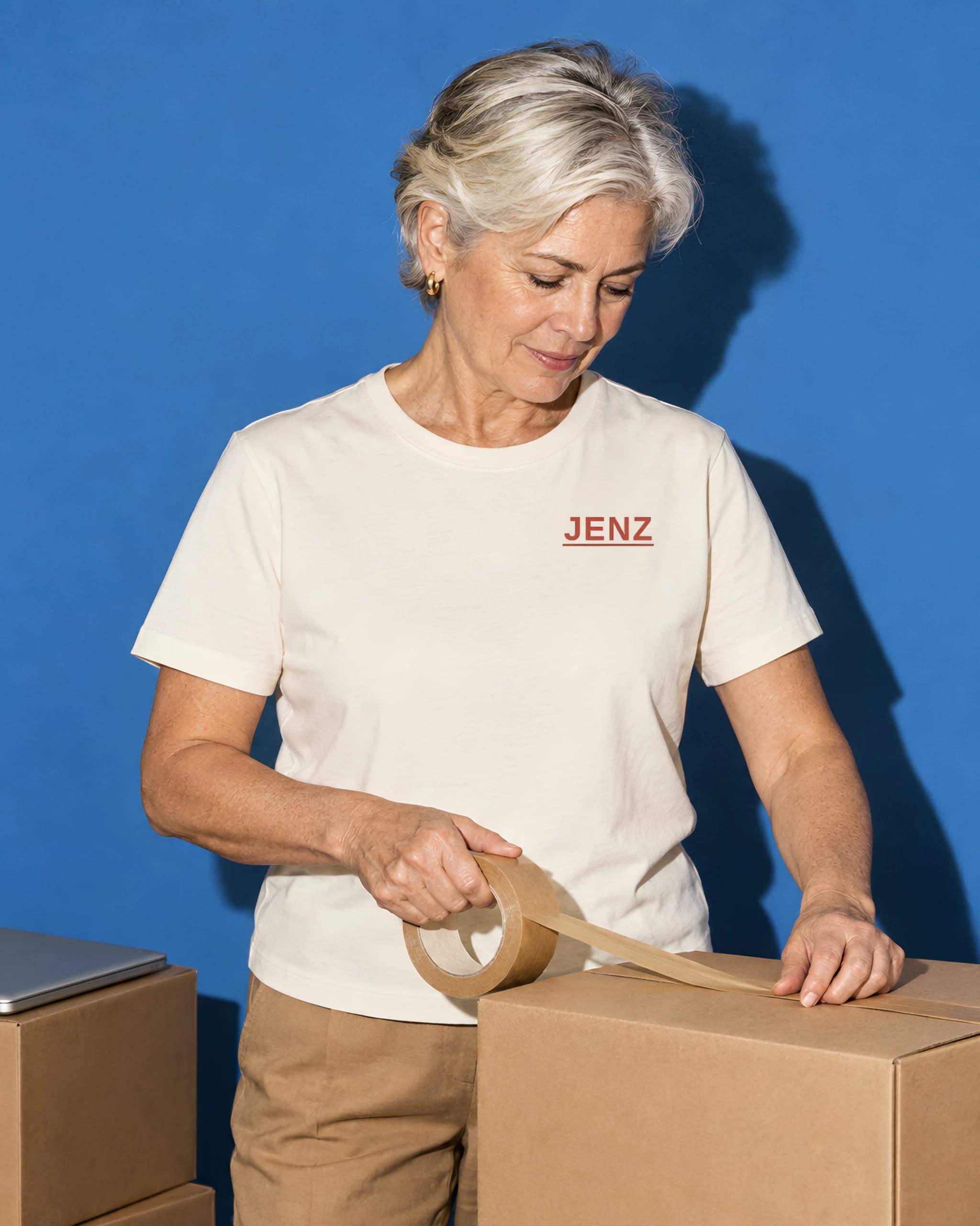Woman in a cream T-shirt with JENZ in red on the chest, taping a cardboard box
