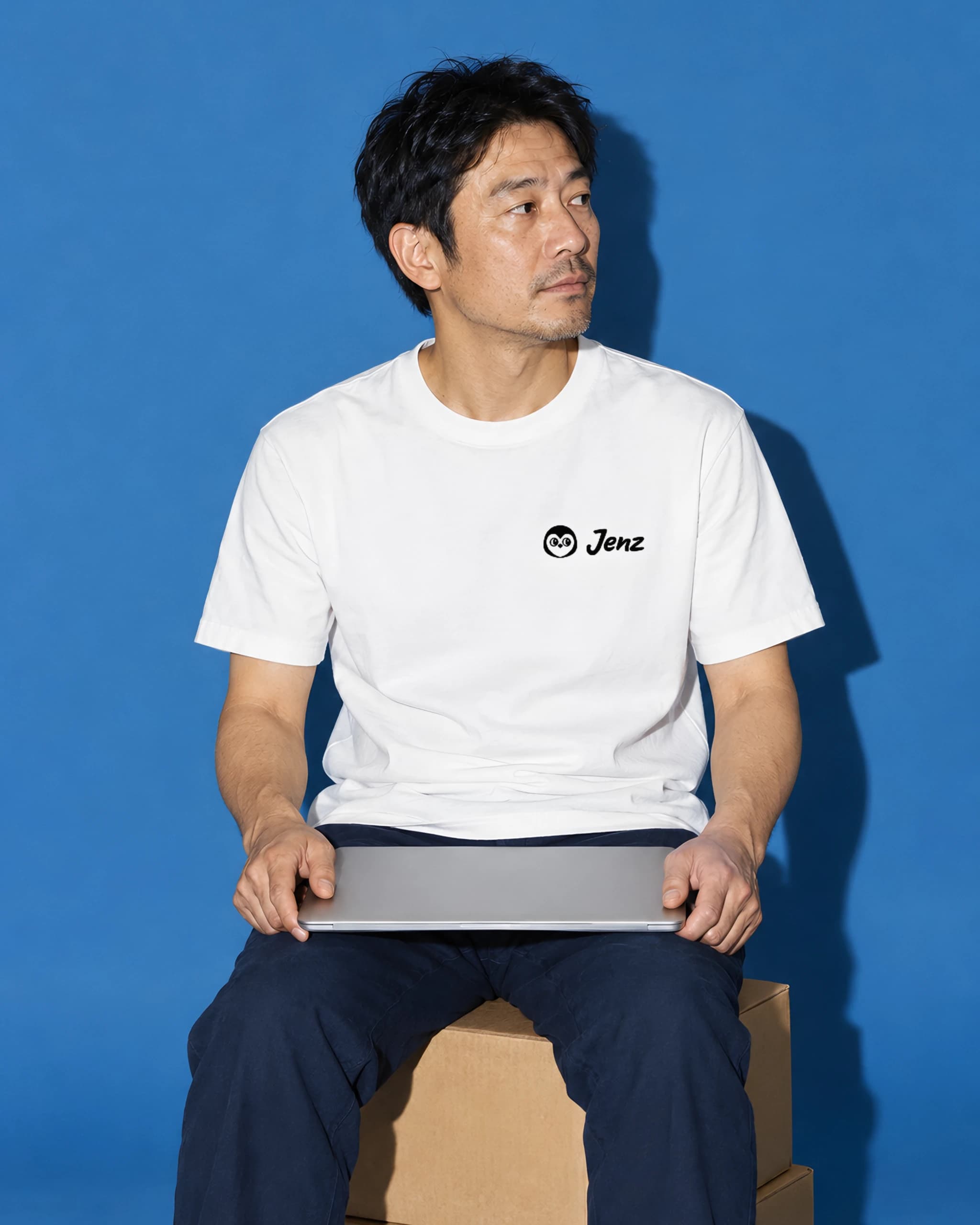 Man in a white T-shirt with a small black Jenz logo, sitting on boxes with a closed laptop