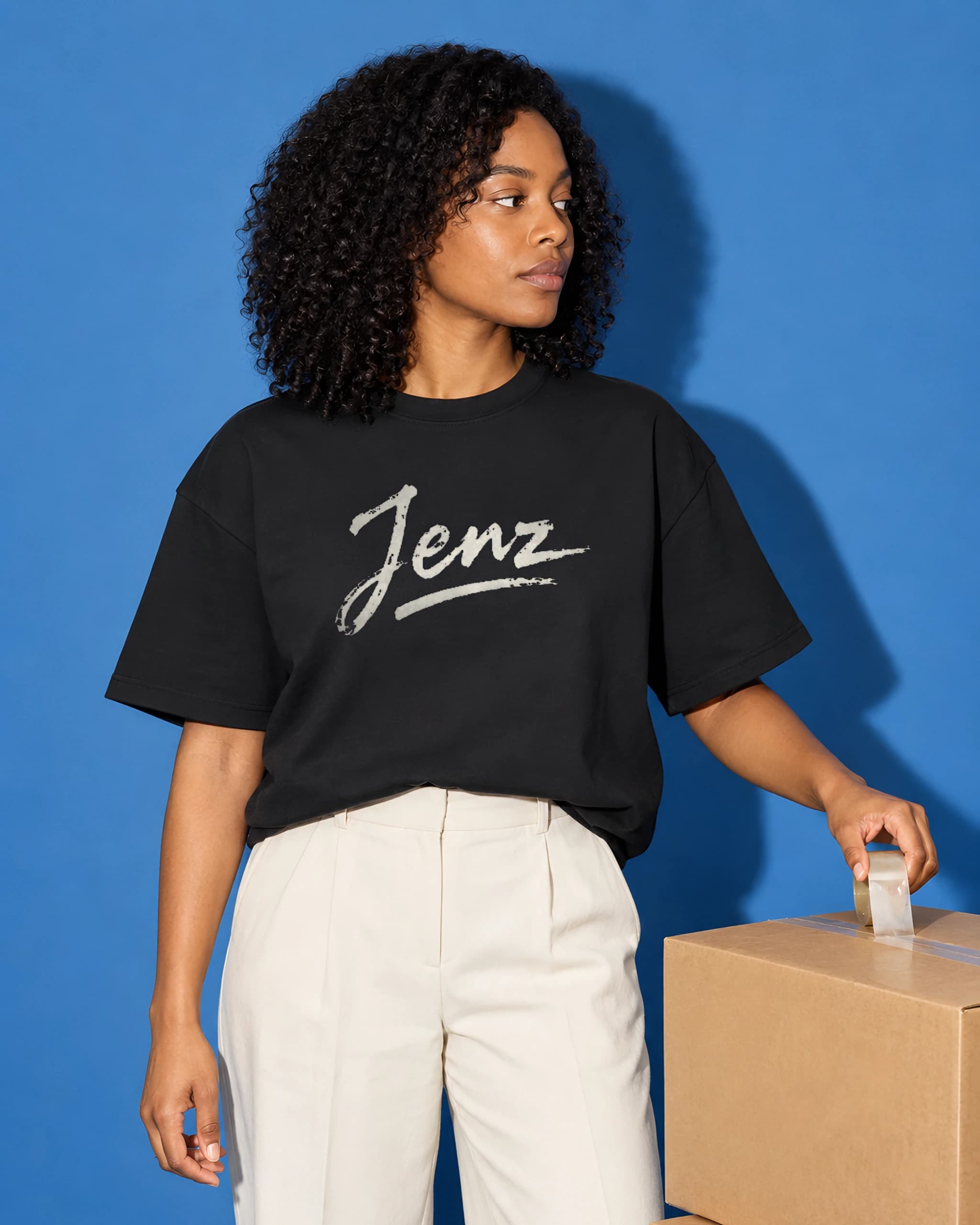 Woman in a black T-shirt with Jenz in off-white brush lettering, taping a cardboard box